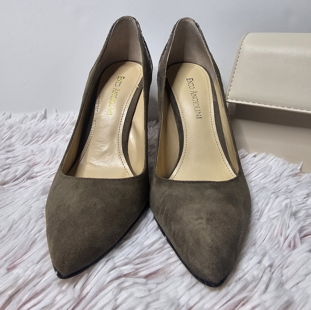 NWOT Box Enzo Angiolini Taupe Suede Snakeskin Heels Size 7M